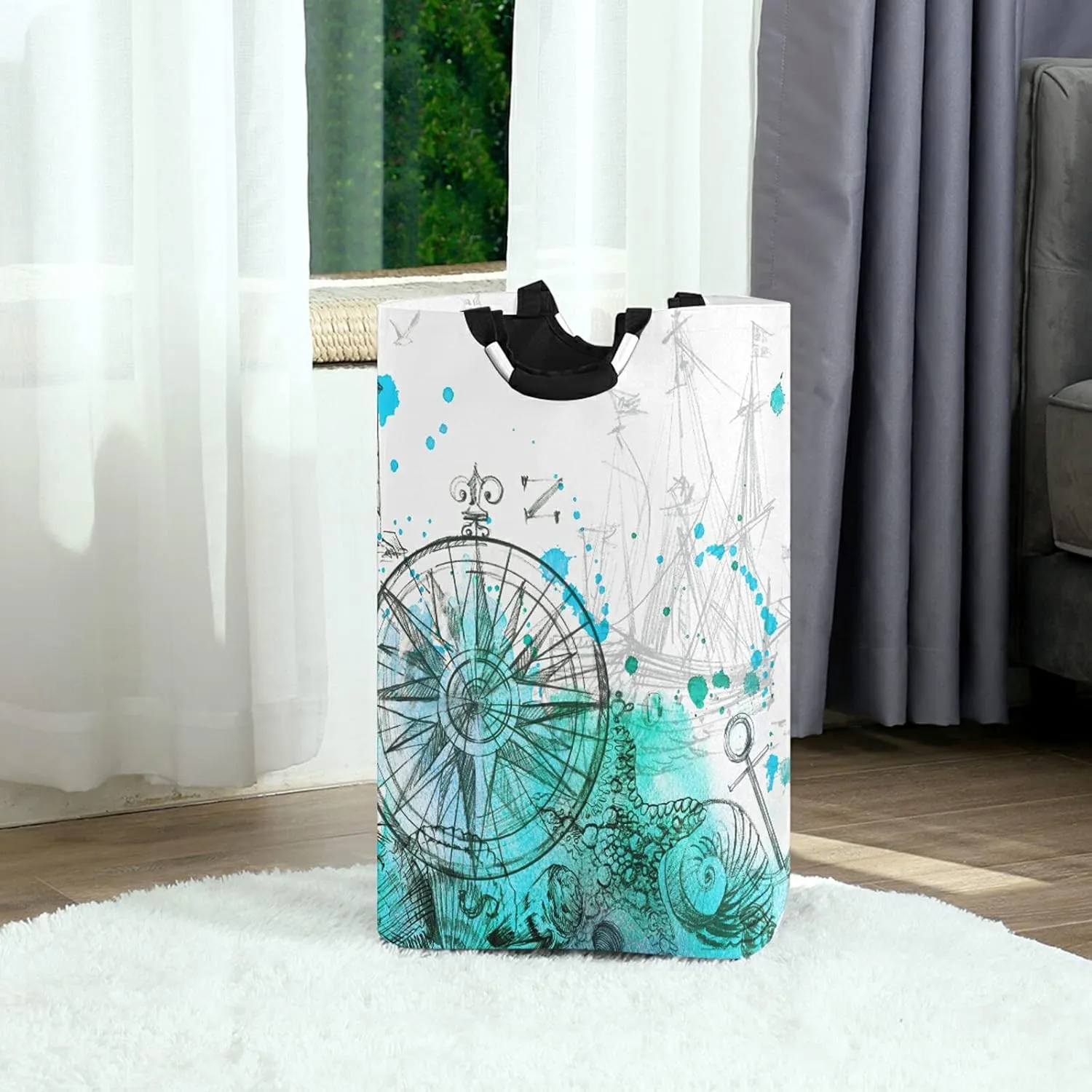 Turquoise Nautical Marine Ship Steering Wheel Seashell Starfish Laundry Hamper Basket Bucket, Foldable Dirty Clothes Bag, Waterproof Fabric Washing Bin, Toy Storage with Handles for Bathroom