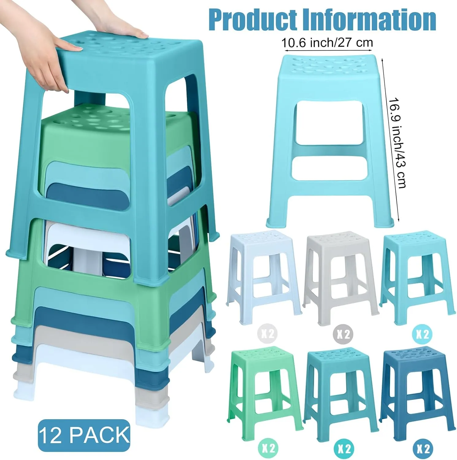 TURSTIN 12 Pack Plastic Stools 16.9 Inch Nesting Stools 6 Color Portable Backless Bar Stool Flexible Seating Chairs for Classroom Office Home