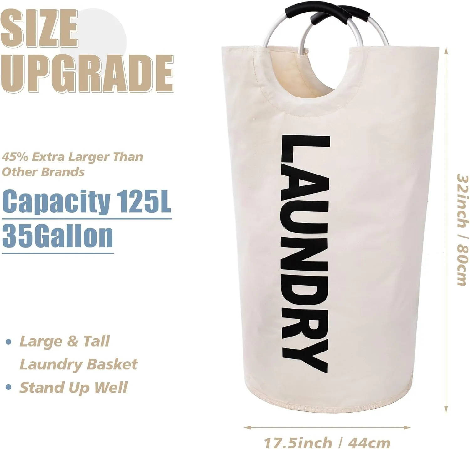 Twira 125L Pro XX-Large Laundry Baskets, Laundry Hamper Stands Up Well, Laundry Bag with Padded Handles, Waterproof Laundry Basket Collapsible, Clothes Hamper for College, Laundry, Bathroom (Beige)