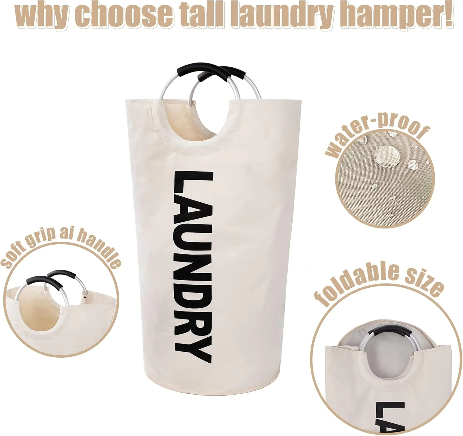Twira 125L Pro XX-Large Laundry Baskets, Laundry Hamper Stands Up Well, Laundry Bag with Padded Handles, Waterproof Laundry Basket Collapsible, Clothes Hamper for College, Laundry, Bathroom (Beige)