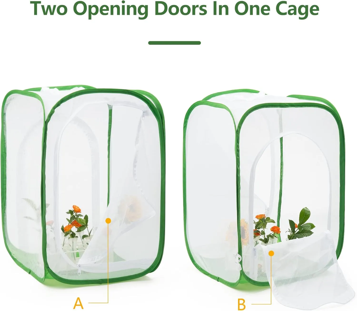 Two Doors Large Monarch Butterfly Habitat, Insect Mesh Cage, Caterpillar Enclosure Terrarium Pop-up (24 x 24 x 36 inches)