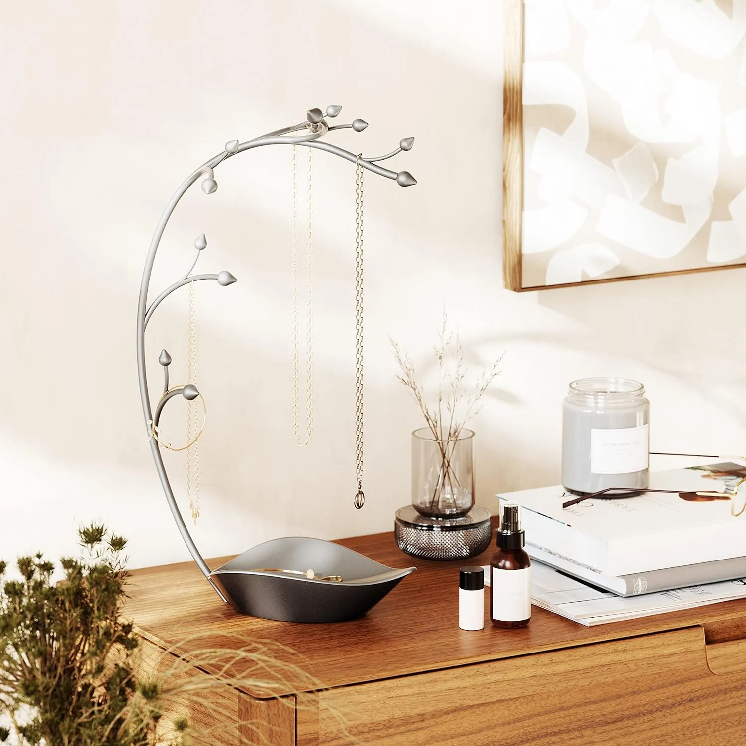Umbra Orchid Jewelry Hanging Tree Stand - Multi-Functional Necklace Metal Holder Display Organizer Rack With a Ring Dish Tray Great For Organization Can Be Used As Decor, Dining Room Centerpiece