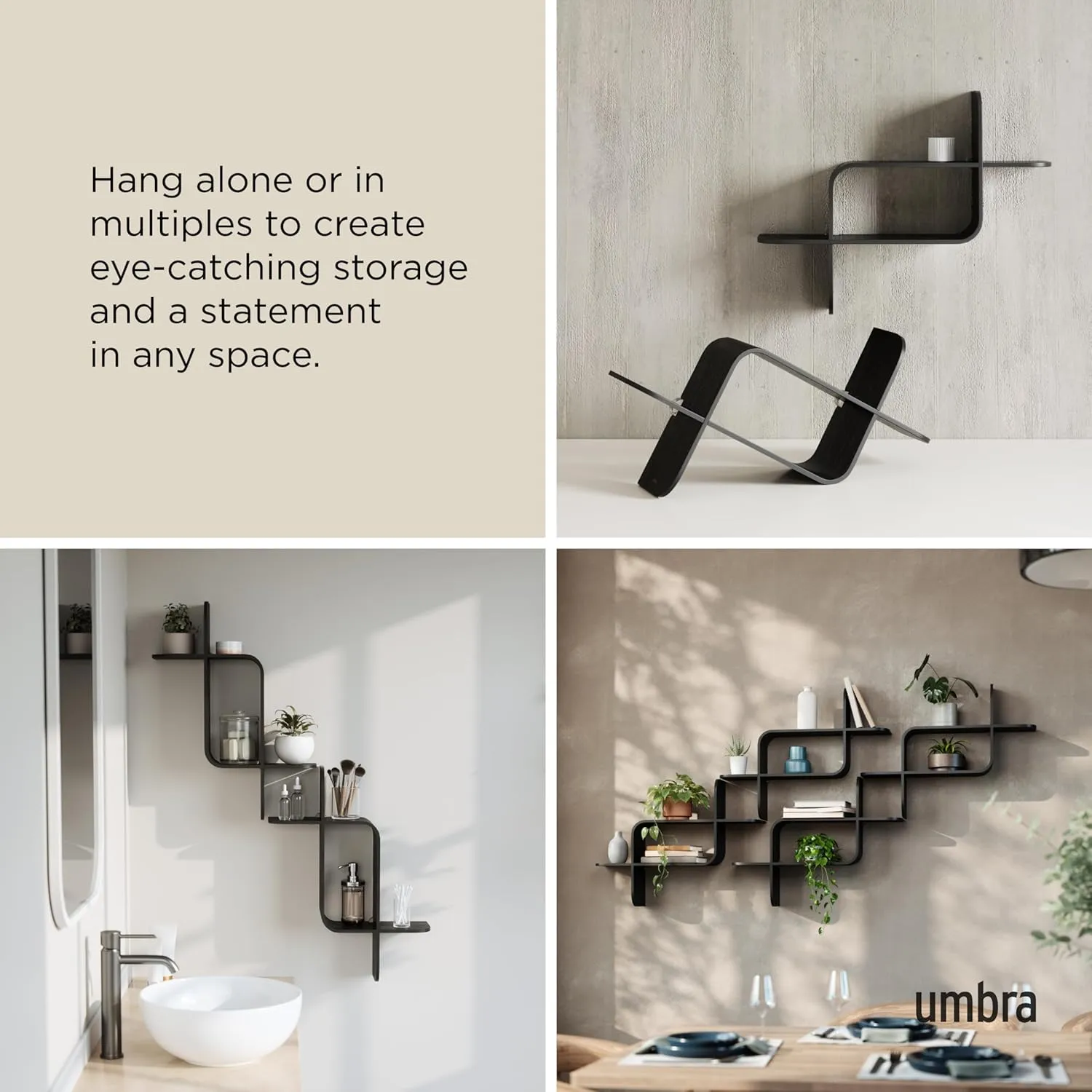 Umbra Wall Mounted Shelf, Vertical/Horizontal, 24.4 x 18.5 inches (62 x 47 cm), Black