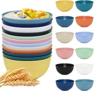 Unbreakable Cereal Bowls Set of 12 - Microwave & Dishwasher Safe BPA-Free Plastic Bowls for Family, Kids, Camping - Non-Slip, Eco Wheat Straw Soup Bowls (26oz)