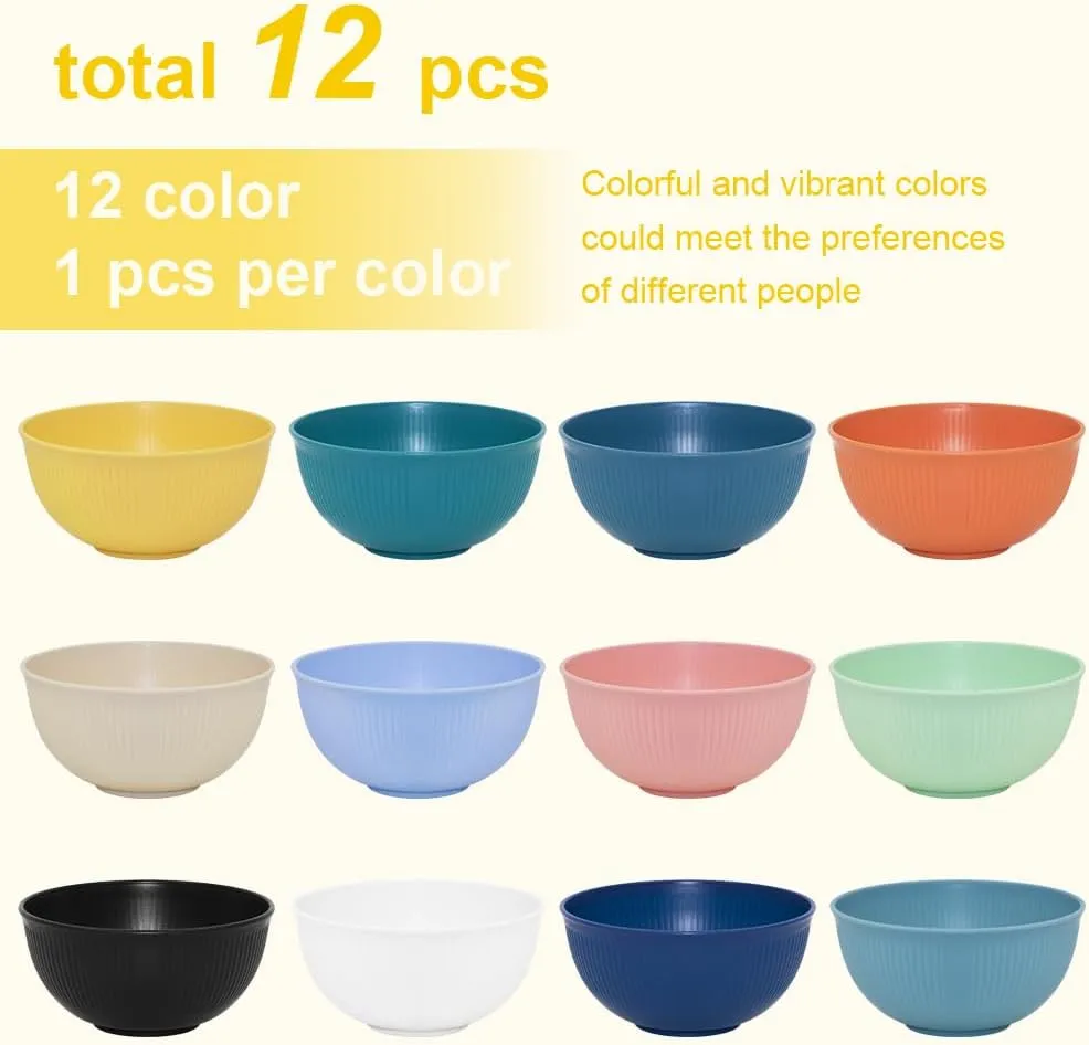 Unbreakable Cereal Bowls Set of 12 - Microwave & Dishwasher Safe BPA-Free Plastic Bowls for Family, Kids, Camping - Non-Slip, Eco Wheat Straw Soup Bowls (26oz)