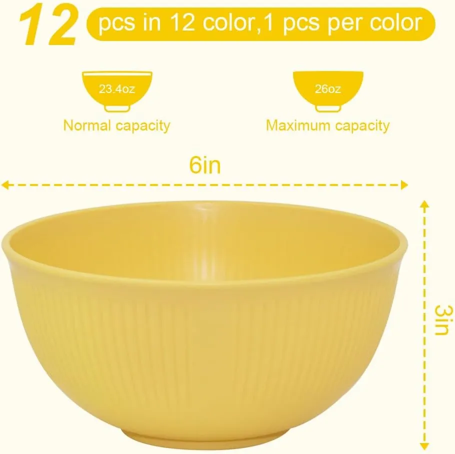 Unbreakable Cereal Bowls Set of 12 - Microwave & Dishwasher Safe BPA-Free Plastic Bowls for Family, Kids, Camping - Non-Slip, Eco Wheat Straw Soup Bowls (26oz)