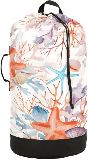 Underwater Corals Seashells Starfishes Laundry Bag with Shoulder Straps Large Capacity Dirty Clothes Bag for College Dorm Apartment