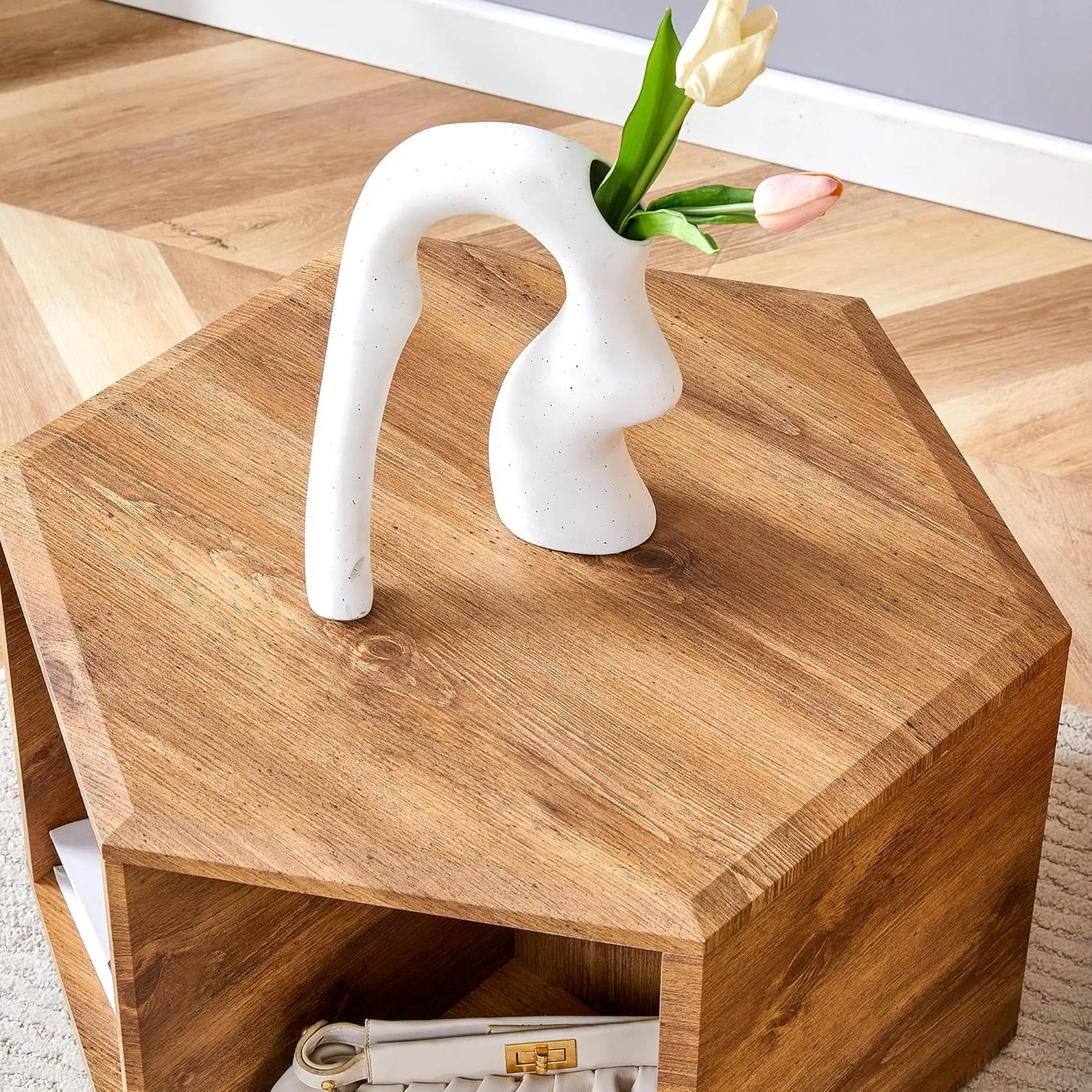 Unique Coffee Table for Home, Noguchi Coffee Table with Storage Space Characteristic Pattern Stickers Multi-Hole Simple and Convenient Design Natural Wood Desk for Living Roon (Wood 1  MDF)