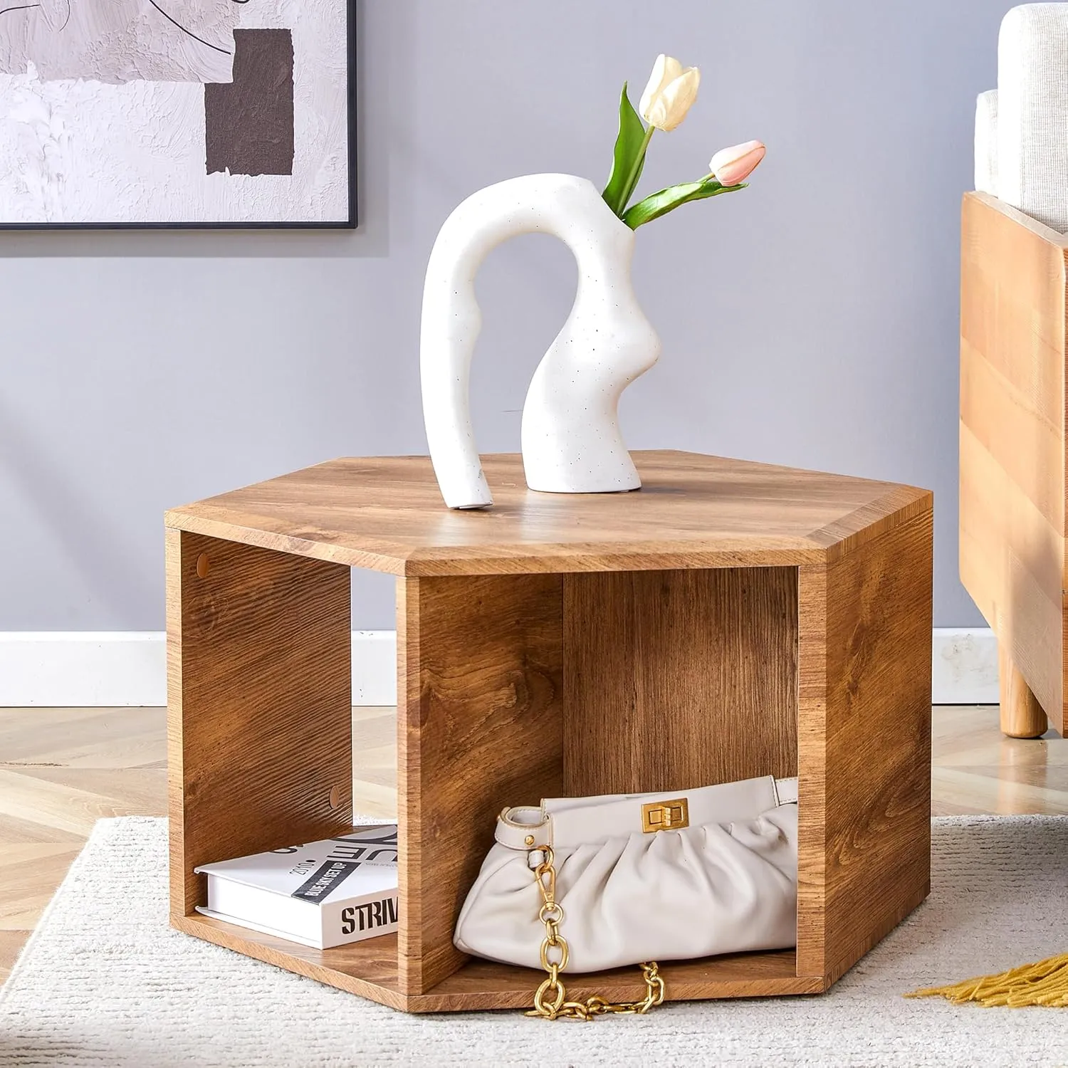 Unique Coffee Table for Home, Noguchi Coffee Table with Storage Space Characteristic Pattern Stickers Multi-Hole Simple and Convenient Design Natural Wood Desk for Living Roon (Wood 1  MDF)