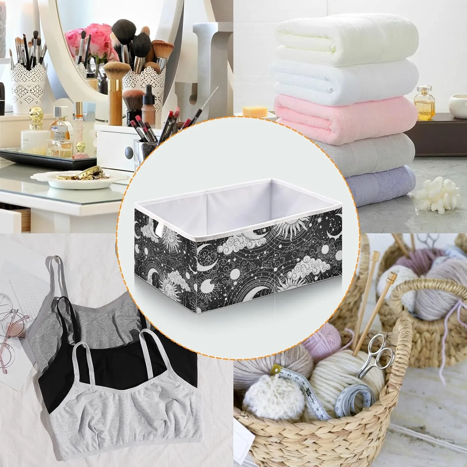 Universe, Crescent Moon and Sun with Moon Astrology Divination, Magic Rectangle Foldable Cube Storage Basket Collapsible Fabric with Handles Organizer Clothes for Home Bedroom 15.7 x 10.6 x 7 in