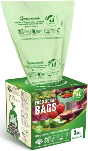 UNNI Compostable Liner Bags, 3 Gallon, 11.35 Liter, 200 Count, Extra Thick 0.71 Mil, Small Kitchen Food Scrap Waste Bags, ASTM D6400, US BPI, CMA and Europe OK compost HOME Certified, San Francisco