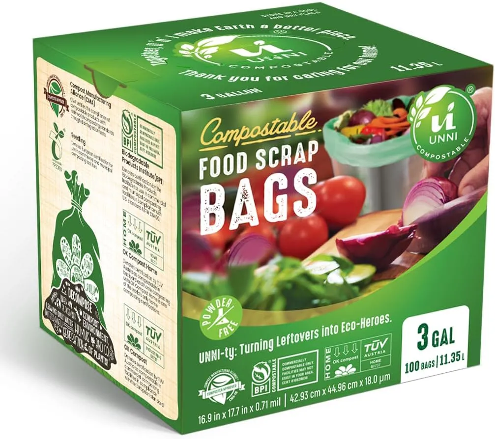 UNNI Compostable Liner Bags, 3 Gallon, 11.35 Liter, 200 Count, Extra Thick 0.71 Mil, Small Kitchen Food Scrap Waste Bags, ASTM D6400, US BPI, CMA and Europe OK compost HOME Certified, San Francisco