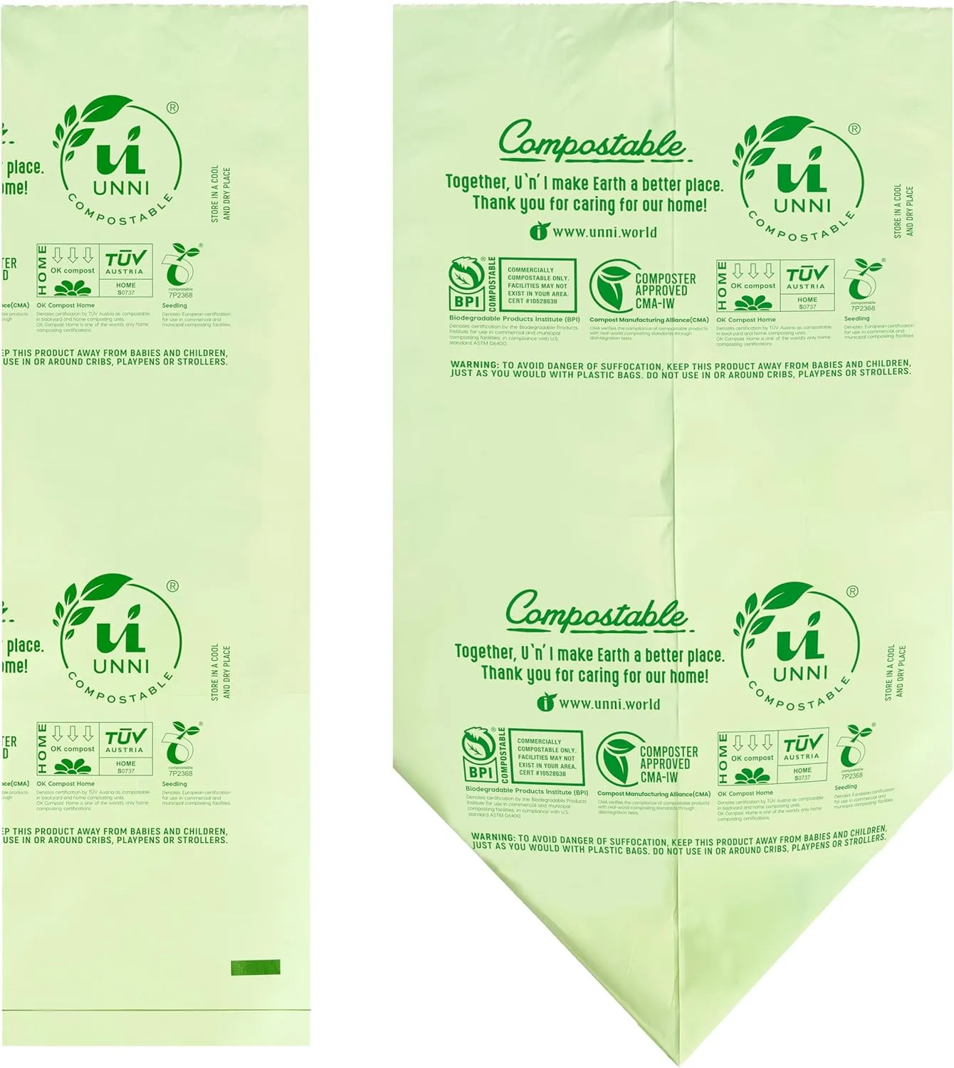 UNNI Compostable Liner Bags, 3 Gallon, 11.35 Liter, 200 Count, Extra Thick 0.71 Mil, Small Kitchen Food Scrap Waste Bags, ASTM D6400, US BPI, CMA and Europe OK compost HOME Certified, San Francisco