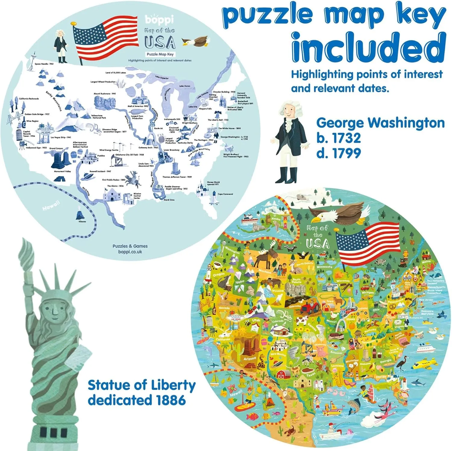 USA State Map Jigsaw Puzzles - 150 Piece Map of The USA Puzzle for Kids from 100% Recycled Card - Puzzle of USA Map for Kids Learning Resources - for Children Ages 5  by boppi