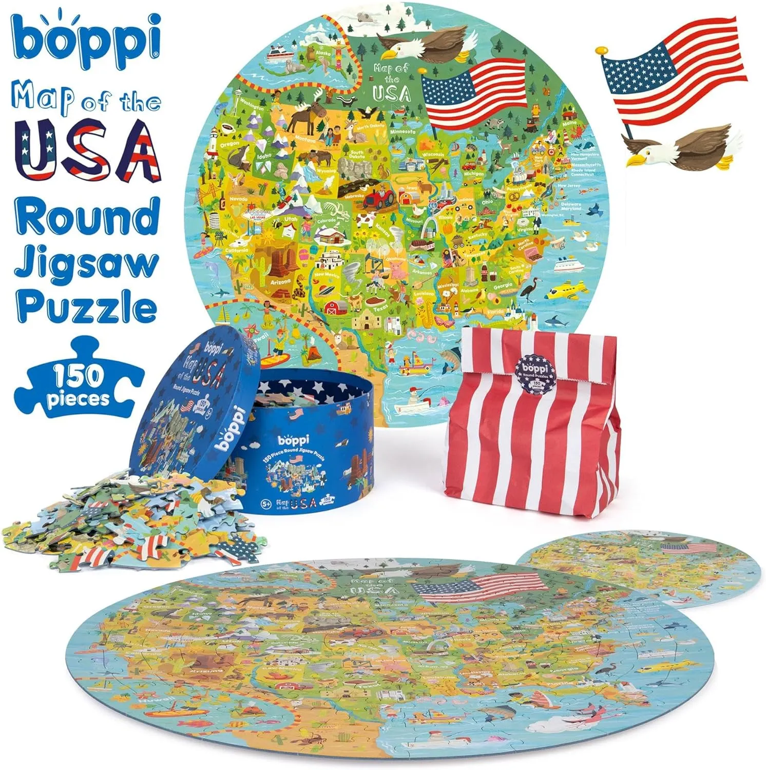 USA State Map Jigsaw Puzzles - 150 Piece Map of The USA Puzzle for Kids from 100% Recycled Card - Puzzle of USA Map for Kids Learning Resources - for Children Ages 5  by boppi