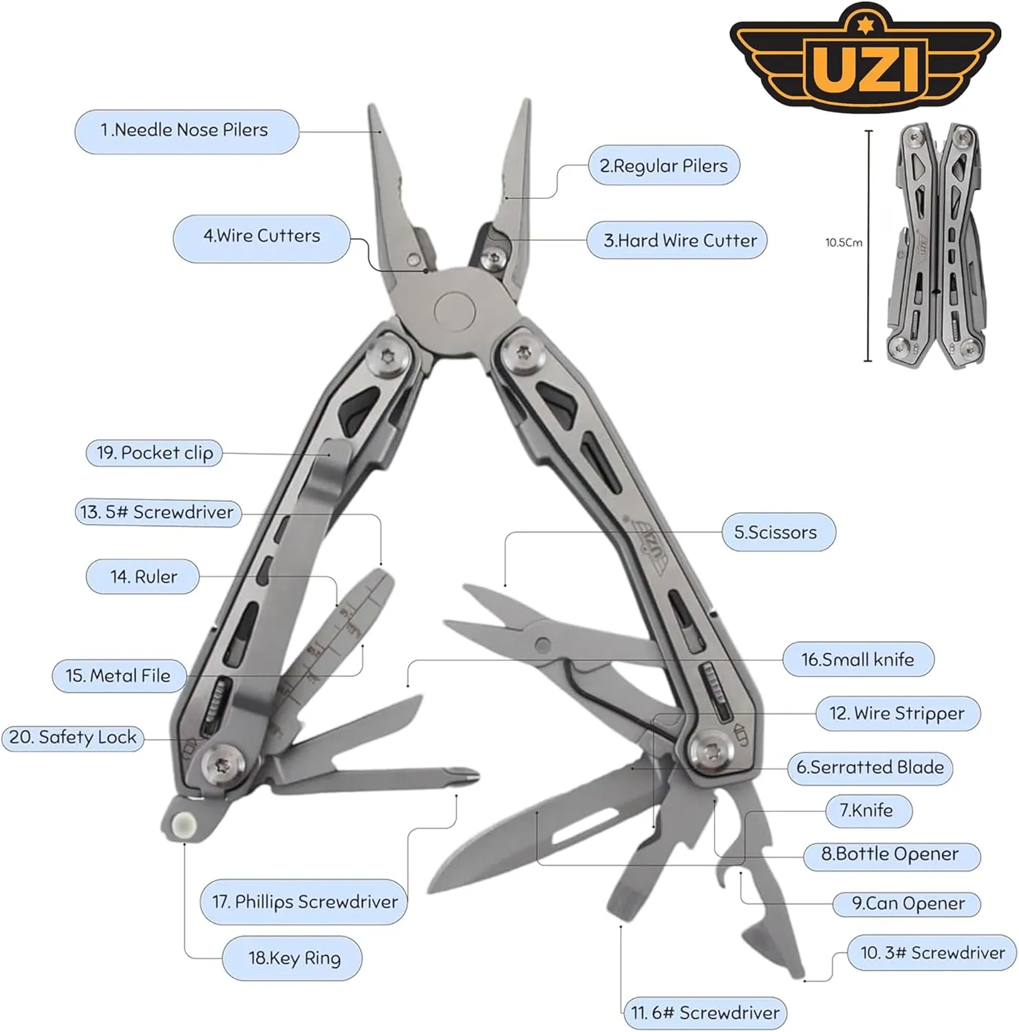 UZI Multifunctional 20-in-1 Multitool with Scissors, Glass Screwdriver, Wire Stripped, Bottle Opener, Can Opener & More - Stainless Steel Multi Tool Pocket Knife for Camping Fishing Survival Hunting