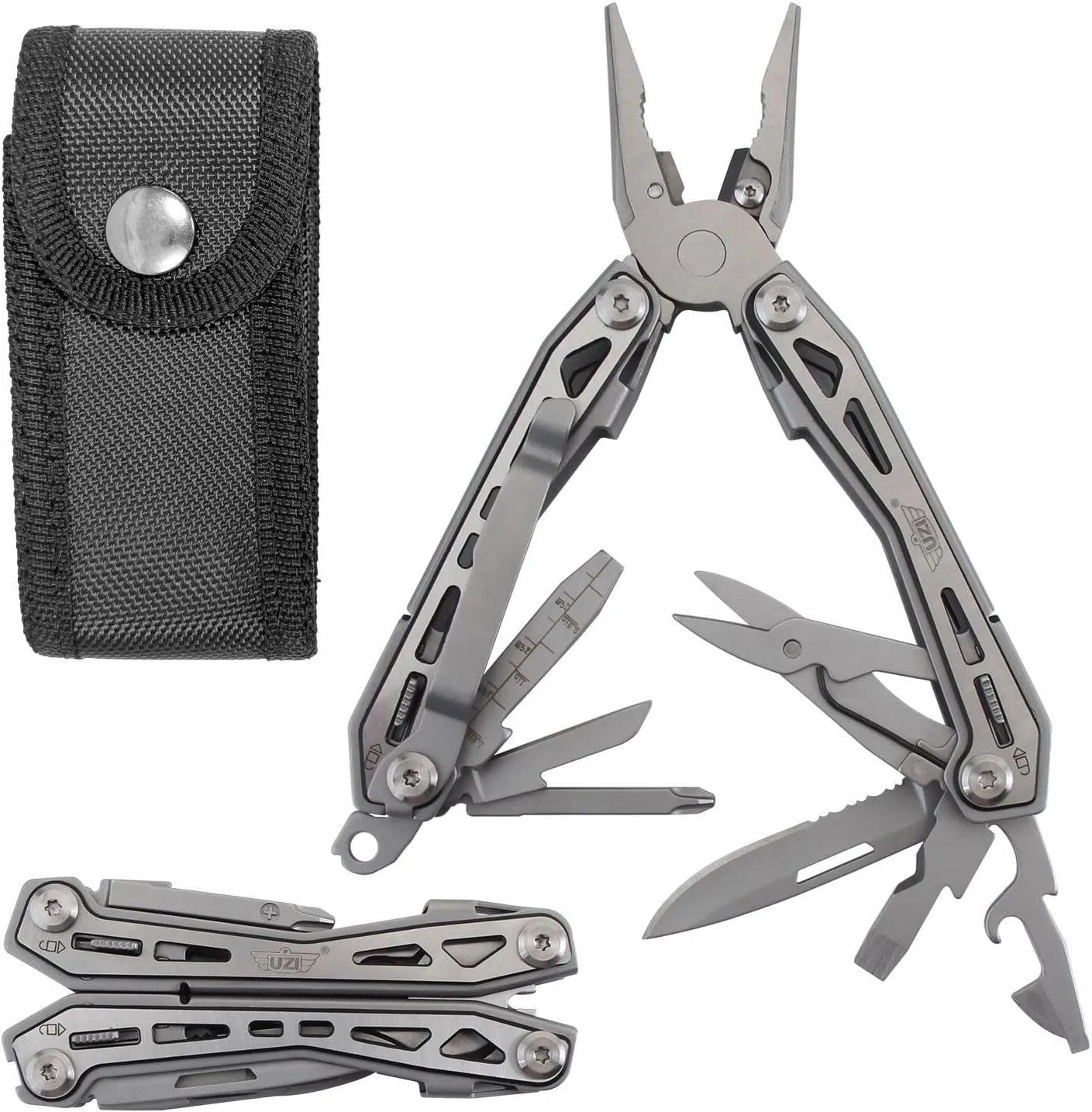 UZI Multifunctional 20-in-1 Multitool with Scissors, Glass Screwdriver, Wire Stripped, Bottle Opener, Can Opener & More - Stainless Steel Multi Tool Pocket Knife for Camping Fishing Survival Hunting