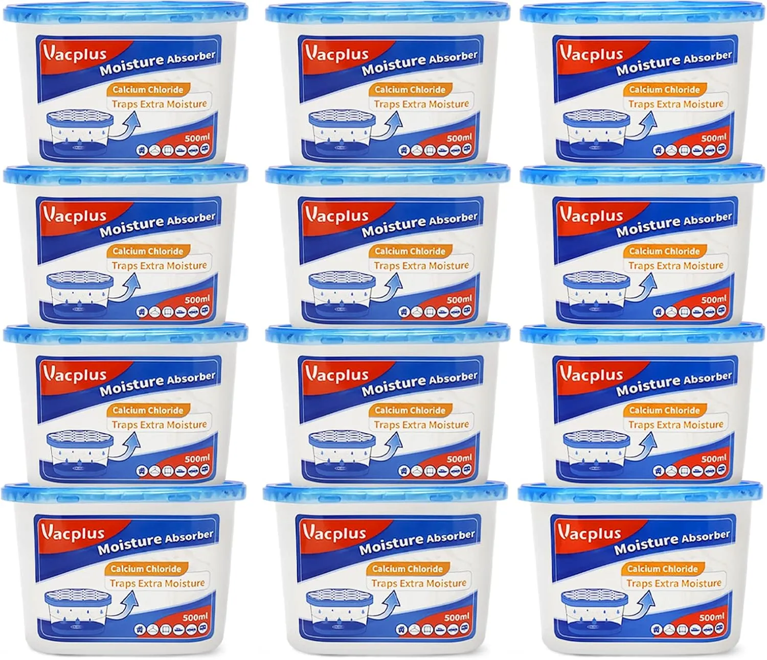 Vacplus Moisture Absorbers 12 Pack, 10.5 Oz, Humidity Absorber Boxes Attracts Extra Moisture from Your Bathroom, Closet, Kitchen, Dehumidifier for Closet (Fragrance Free), Blue