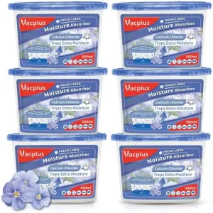 Vacplus Moisture Absorbers 6 pack, 10.5Oz Portable Humidity Absorber Boxes for Your Bathroom, Closet & Car, Dehumidifier with Fresh Linen Fragrance, Dutch Blue