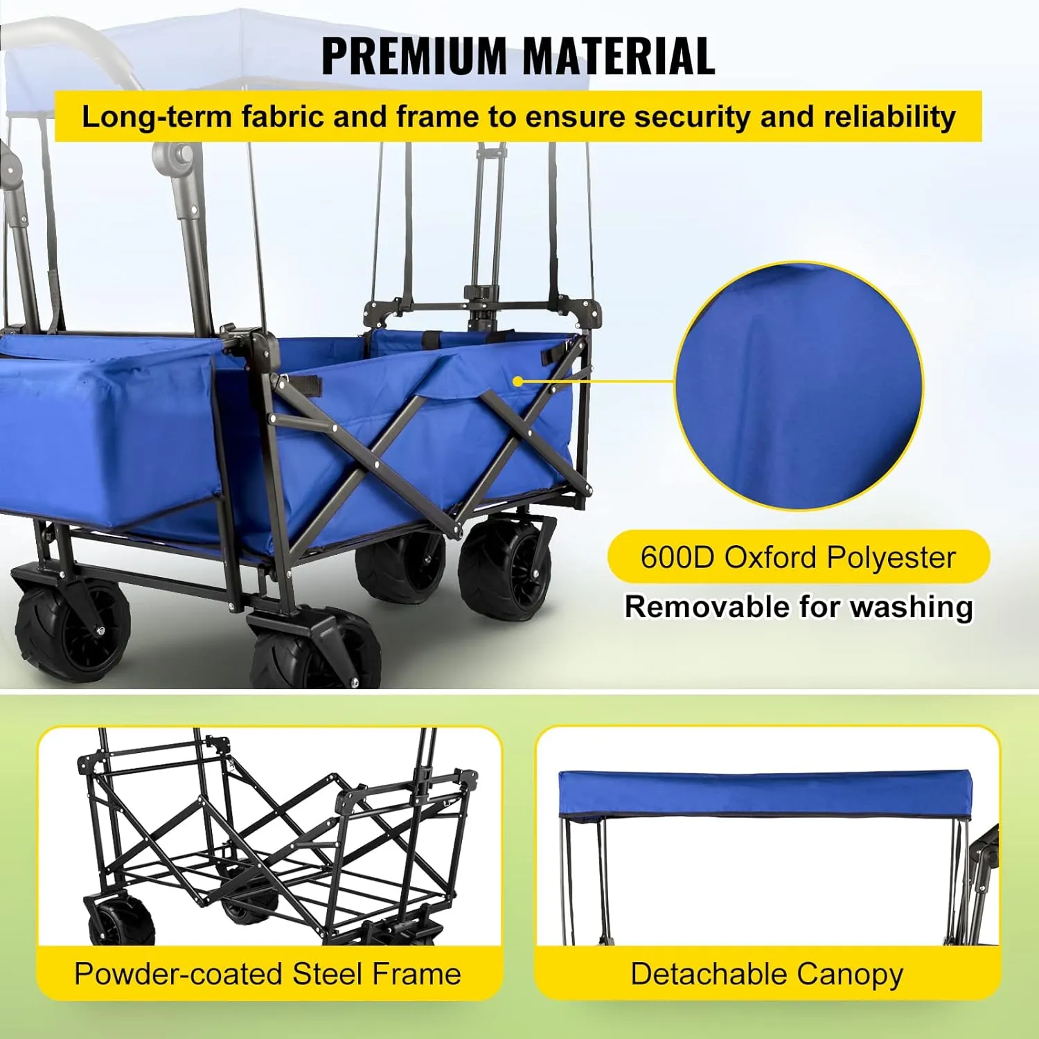VEVOR Collapsible Wagon with Canopy, 220lbs Foldable Wagon, Beach Wagon Cart with Big Wheels and Canopy with Adjustable Push Pulling Handles