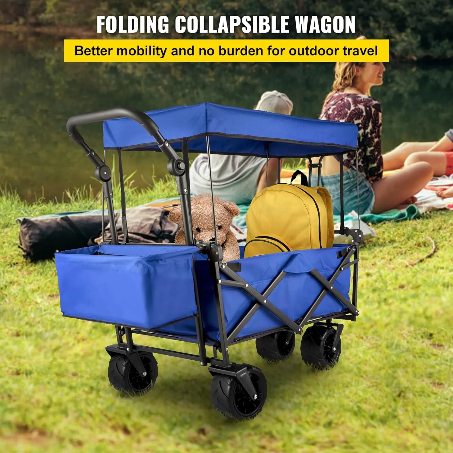 VEVOR Collapsible Wagon with Canopy, 220lbs Foldable Wagon, Beach Wagon Cart with Big Wheels and Canopy with Adjustable Push Pulling Handles