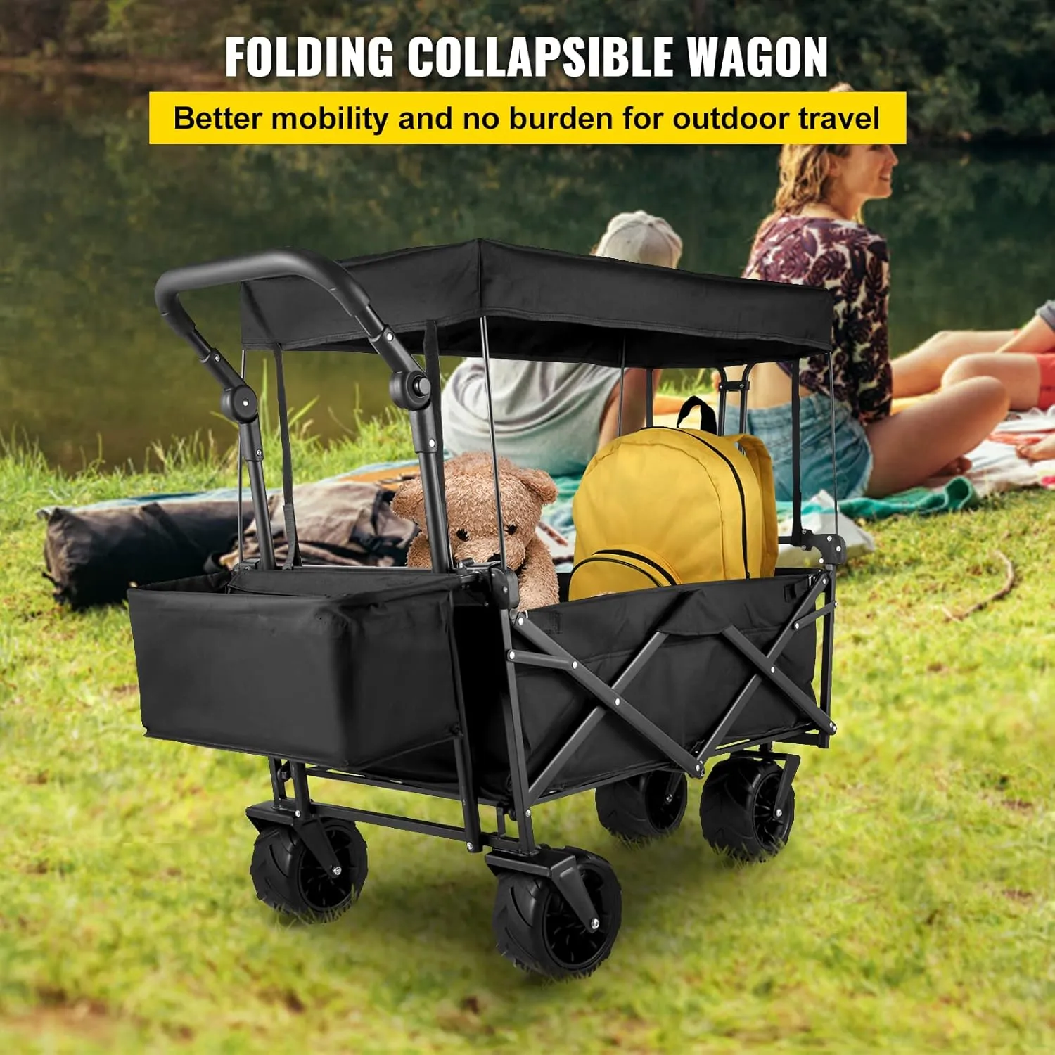 VEVOR Collapsible Wagon with Canopy, 220lbs Foldable Wagon Stroller for Kids, Beach Wagon Cart with Big Wheels and Canopy with Adjustable Push Pulling Handles