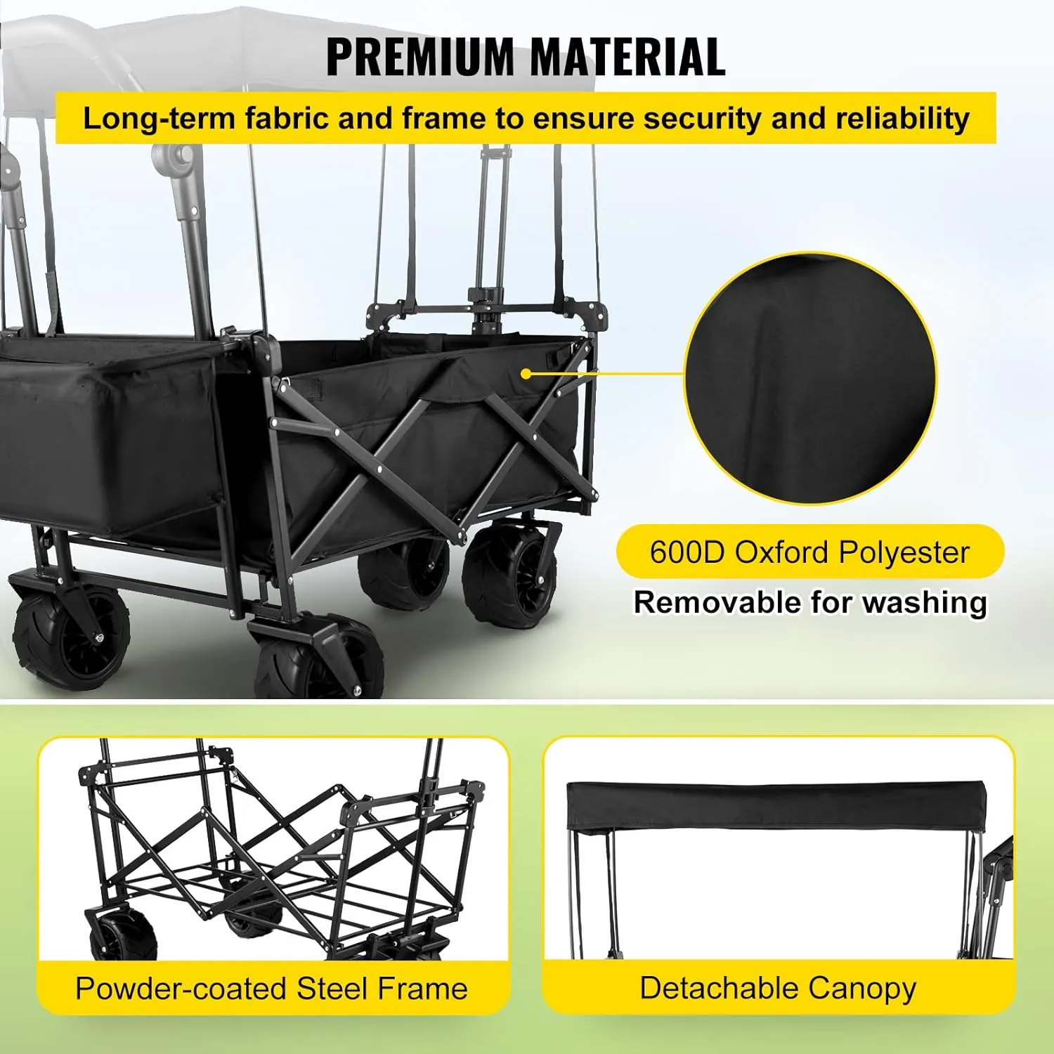 VEVOR Collapsible Wagon with Canopy, 220lbs Foldable Wagon Stroller for Kids, Beach Wagon Cart with Big Wheels and Canopy with Adjustable Push Pulling Handles
