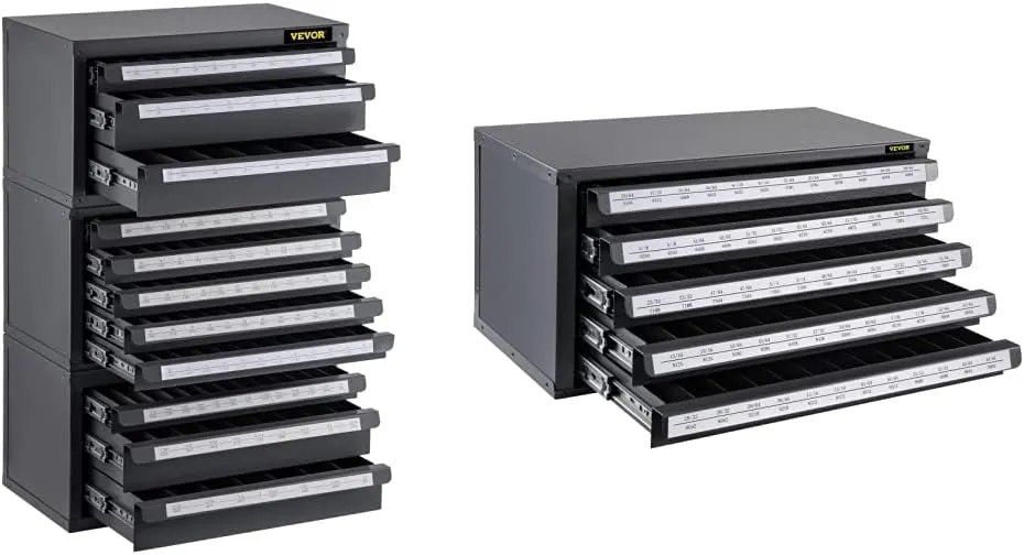 VEVOR Drill Bit Dispenser Cabinet & Organizer, 8-Drawer, 60-Compartment, 33/64" to 63/64" (13.1-25 mm) in 1/64" Increments, Black, Alloy Steel, Modern, Freestanding, Stackable, Garage