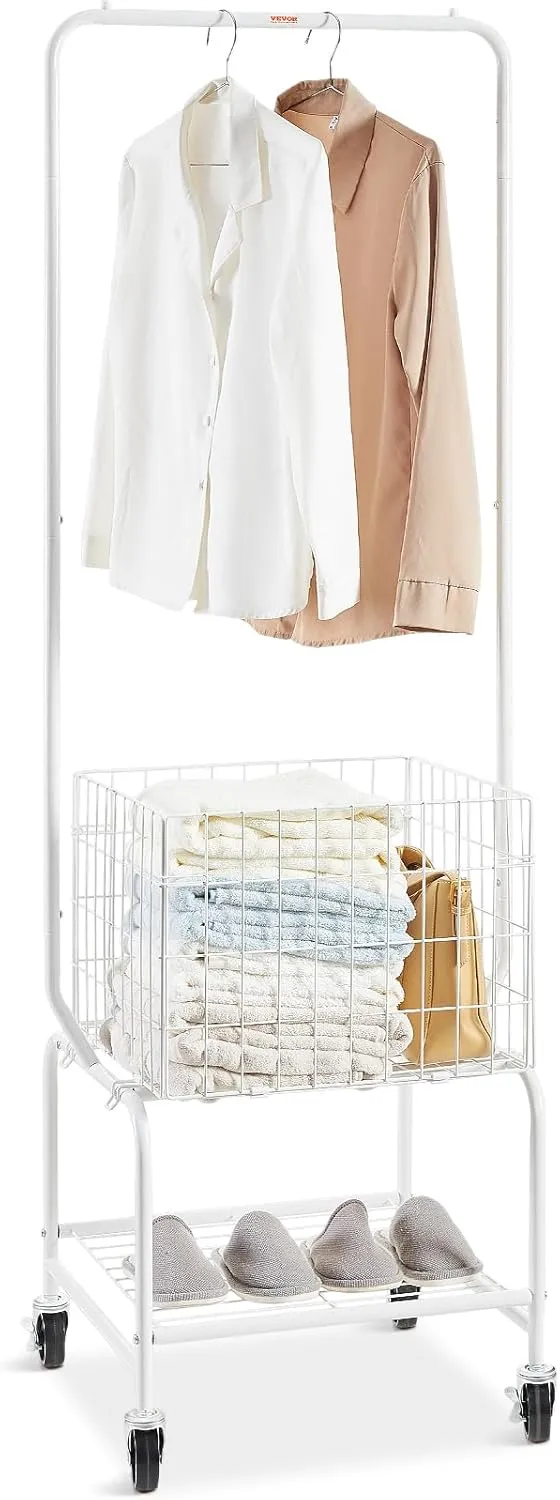 VEVOR Metal Rolling Laundry Basket with Hanging Garment Rack, Laundry Hamper Cart Adjustable Height with Basket Load and Shelf Load, Storage Organizer with Heavy Duty Lockable Wheels