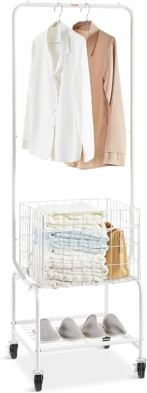 VEVOR Metal Rolling Laundry Basket with Hanging Garment Rack, Laundry Hamper Cart Adjustable Height with Basket Load and Shelf Load, Storage Organizer with Heavy Duty Lockable Wheels