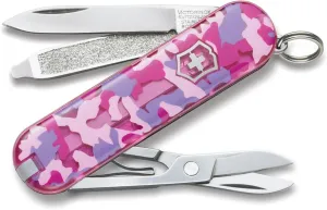 Victorinox Classic SD Alox Swiss Army Knife, Compact, 5 Functions, Swiss Made Pocket Knife with Small Blade, Screwdriver and Key Ring - Flamingo Party (Pink)