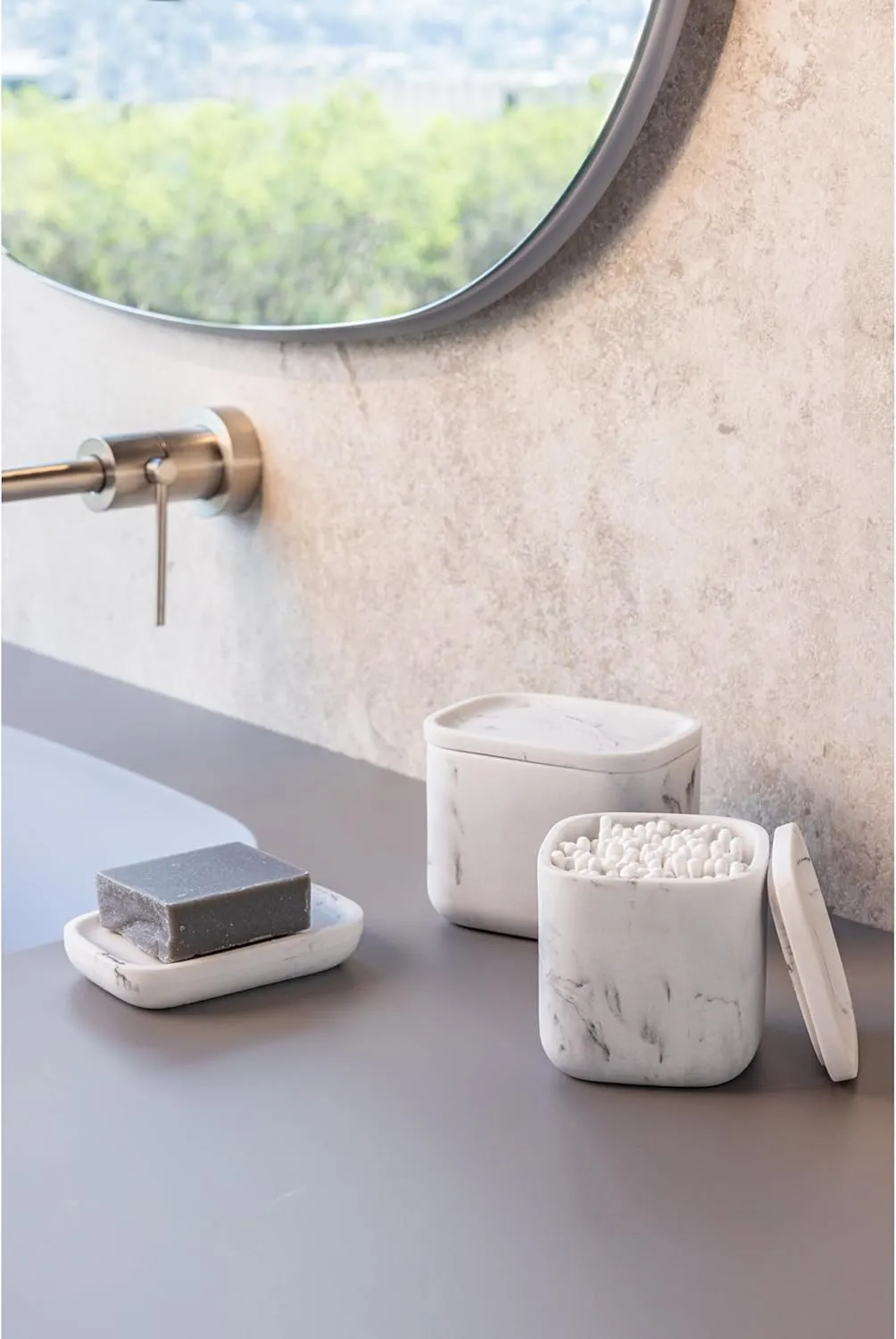 Vigar Zense White Marble Square Decorative Containers with Lids, Bathroom Storage Containers for Cotton Balls, Cotton Buds, Hair Product, Round Pads, Fine Polyresin Stone