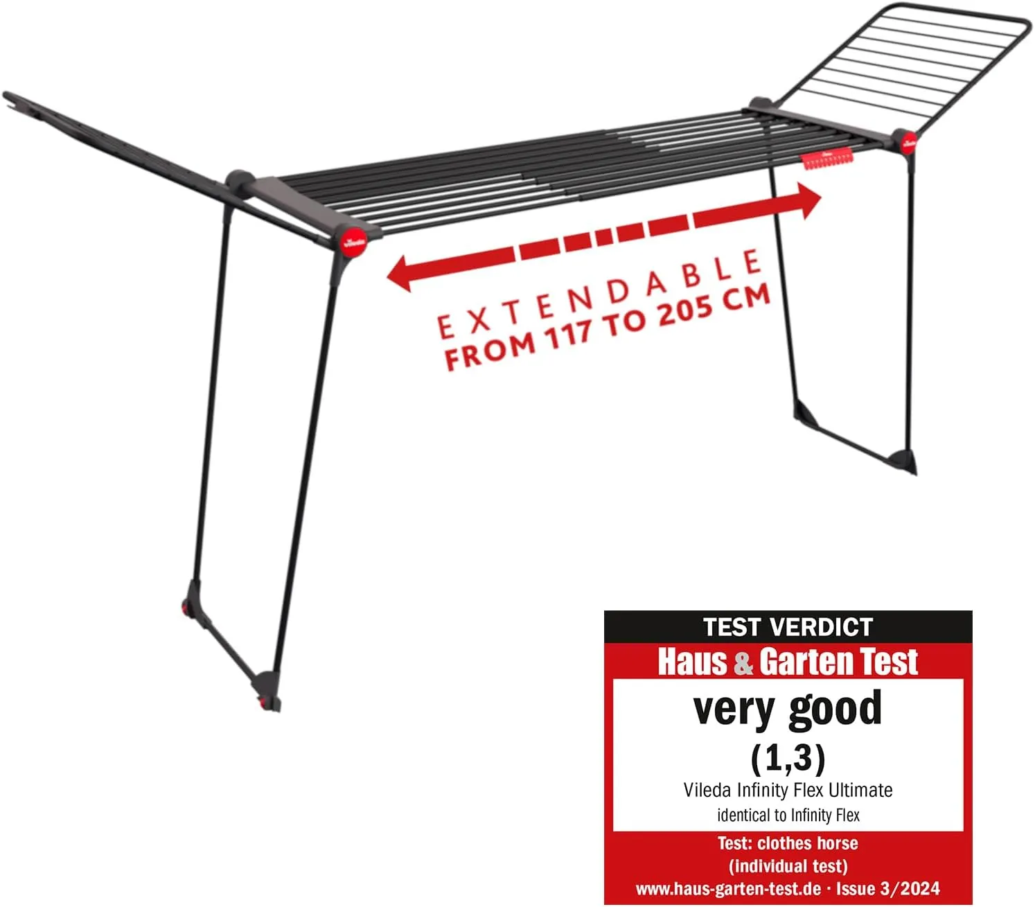 Vileda Infinity Flex Ultimate Extendable Telescopic Frame Clothes Airer for Large Textiles Sturdy Frame Less Marks on Clothes Thanks to XXL Drying Rods Pre-Assembled Clothes Airer