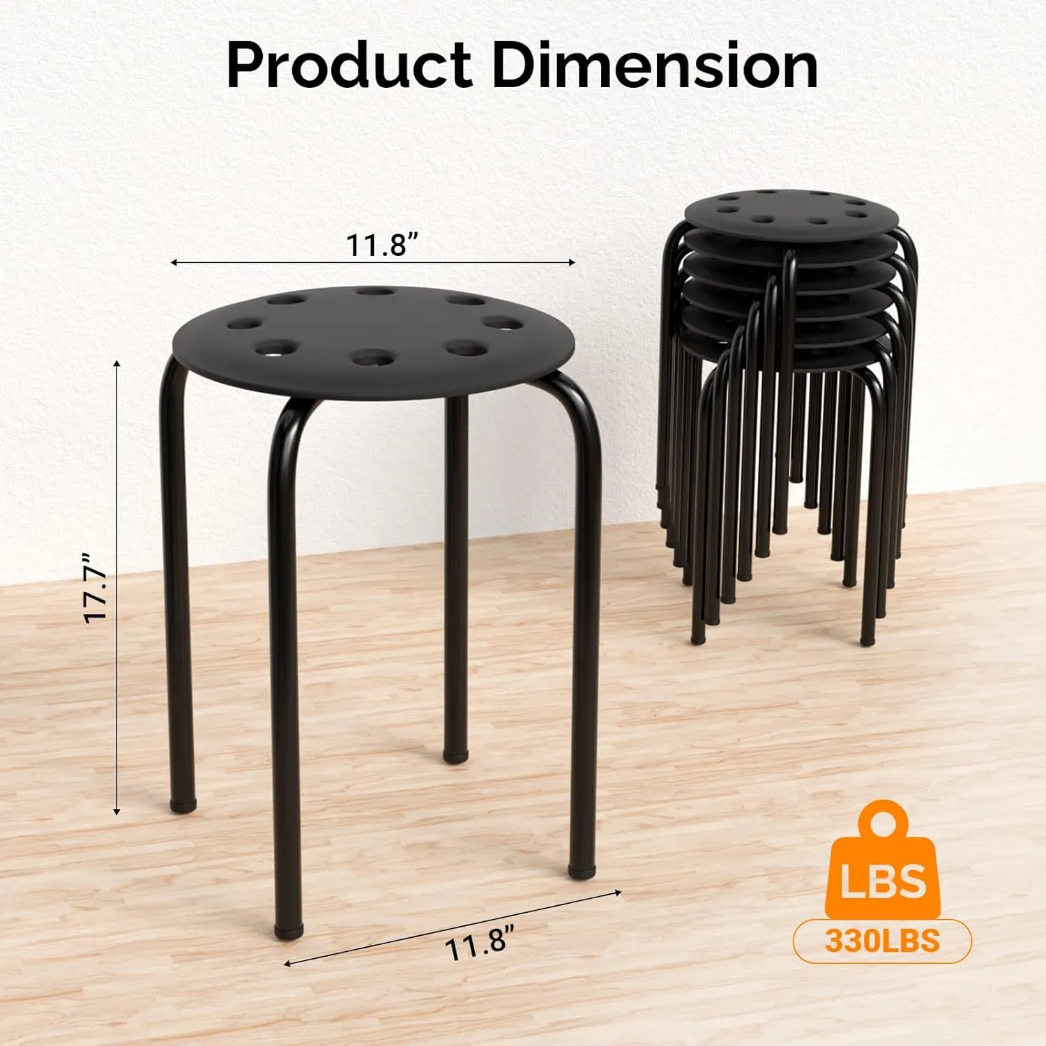 VINGLI 17.7in Plastic Stackable Stools Portable Stacking Chairs Nesting Stool Decoration Round Stools Pack of 6 for Home Outdoor Indoor Office, Black