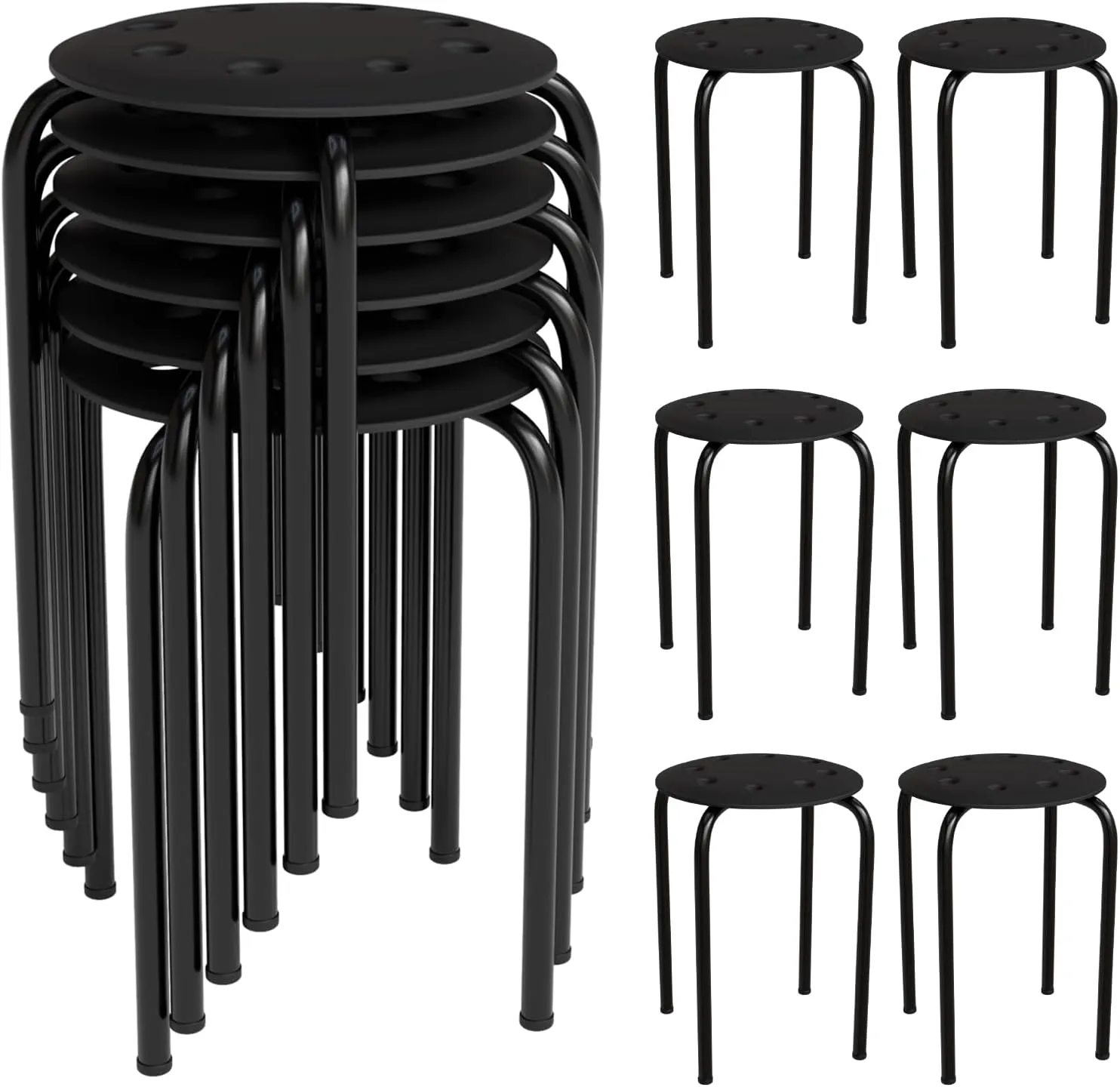 VINGLI 17.7in Plastic Stackable Stools Portable Stacking Chairs Nesting Stool Decoration Round Stools Pack of 6 for Home Outdoor Indoor Office, Black