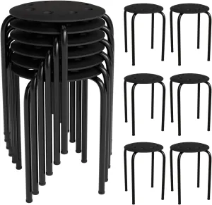 VINGLI 17.7in Plastic Stackable Stools Portable Stacking Chairs Nesting Stool Decoration Round Stools Pack of 6 for Home Outdoor Indoor Office, Black