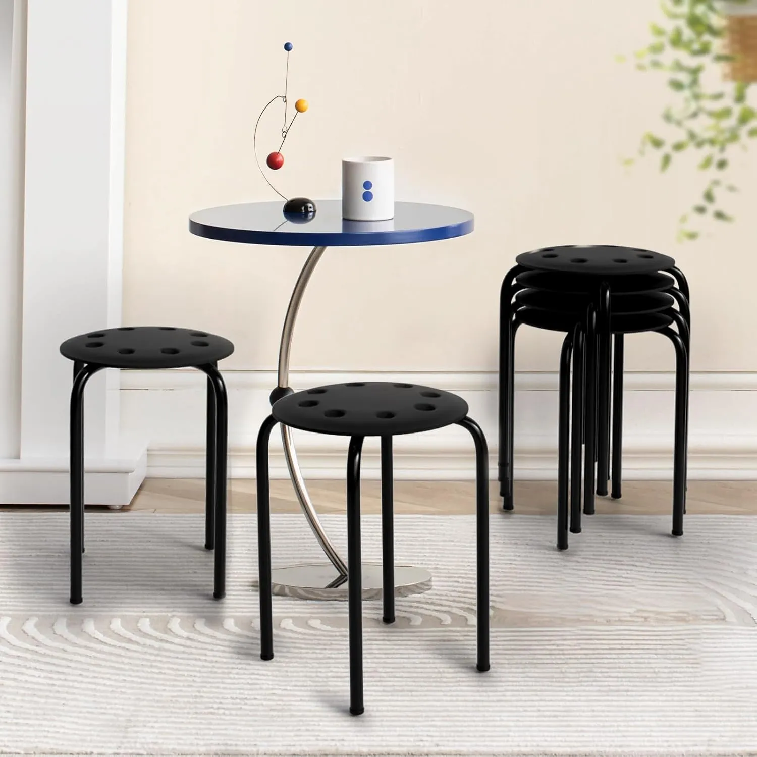VINGLI 17.7in Plastic Stackable Stools Portable Stacking Chairs Nesting Stool Decoration Round Stools Pack of 6 for Home Outdoor Indoor Office, Black