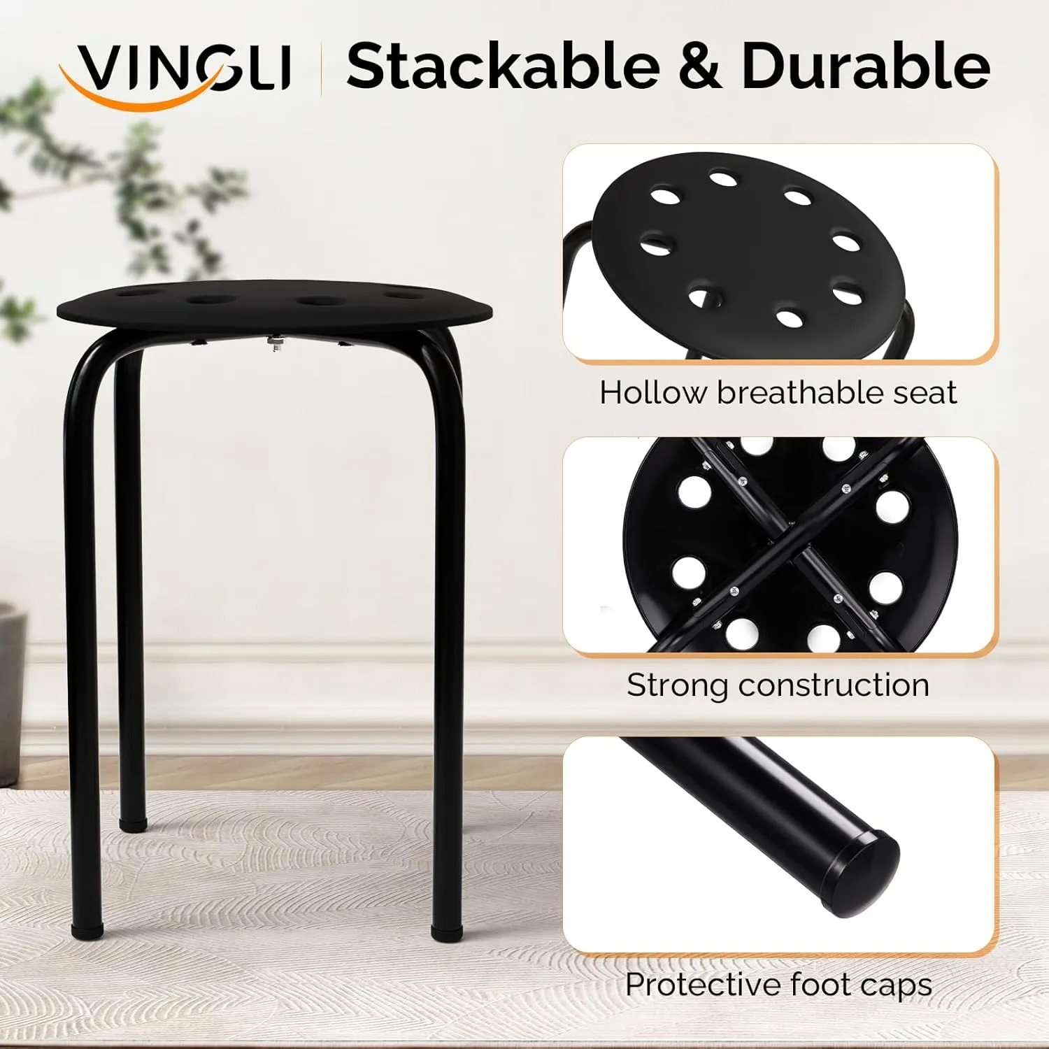 VINGLI 17.7in Plastic Stackable Stools Portable Stacking Chairs Nesting Stool Decoration Round Stools Pack of 6 for Home Outdoor Indoor Office, Black