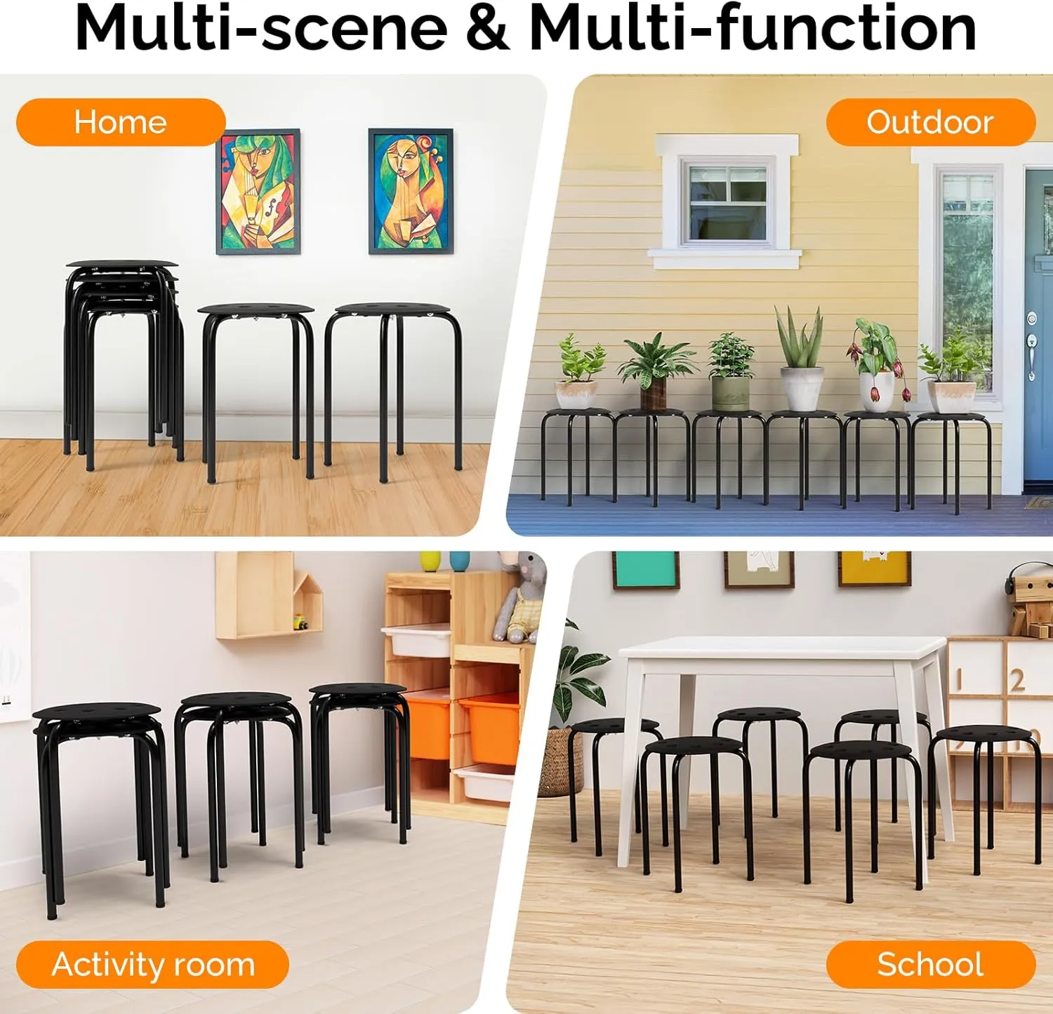VINGLI 17.7in Plastic Stackable Stools Portable Stacking Chairs Nesting Stool Decoration Round Stools Pack of 6 for Home Outdoor Indoor Office, Black