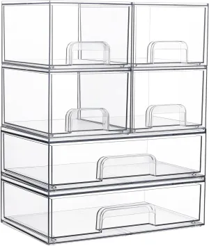 Vtopmart Stackable Storage Drawers Set of 6, Clear Plastic Organizer Bins for Bathroom Supplies,Ideal for Cabinet,Pantry,Laundry Room Organization