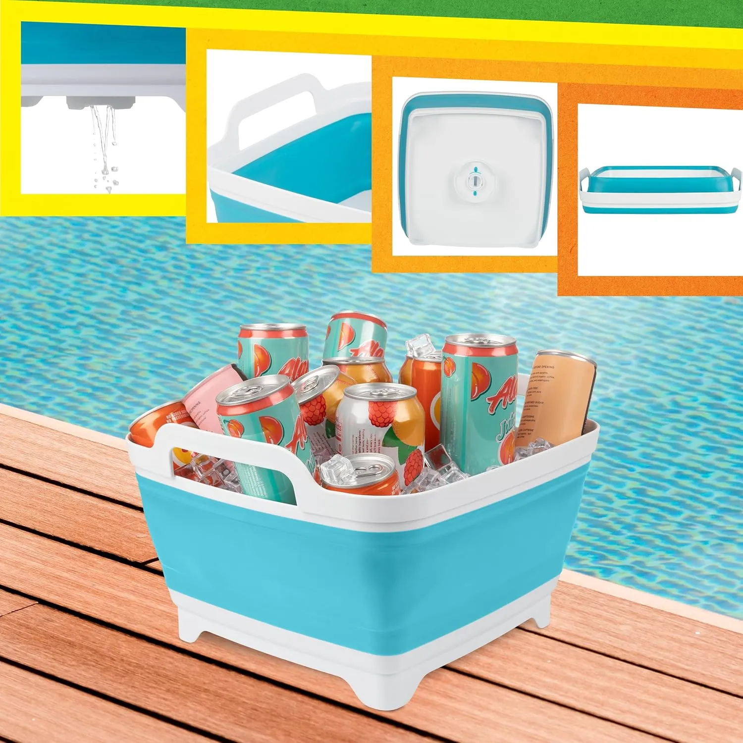 Wakeman Collapsible Wash Basin - 9L Portable Sink with Drain - Plastic Tub Dish Pan for Camping, Handwashing Laundry, or Dishes Outdoors (Blue)