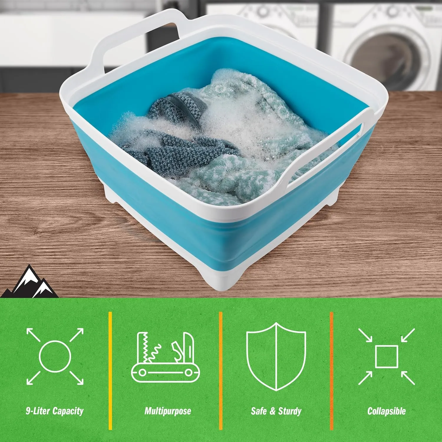 Wakeman Collapsible Wash Basin - 9L Portable Sink with Drain - Plastic Tub Dish Pan for Camping, Handwashing Laundry, or Dishes Outdoors (Blue)