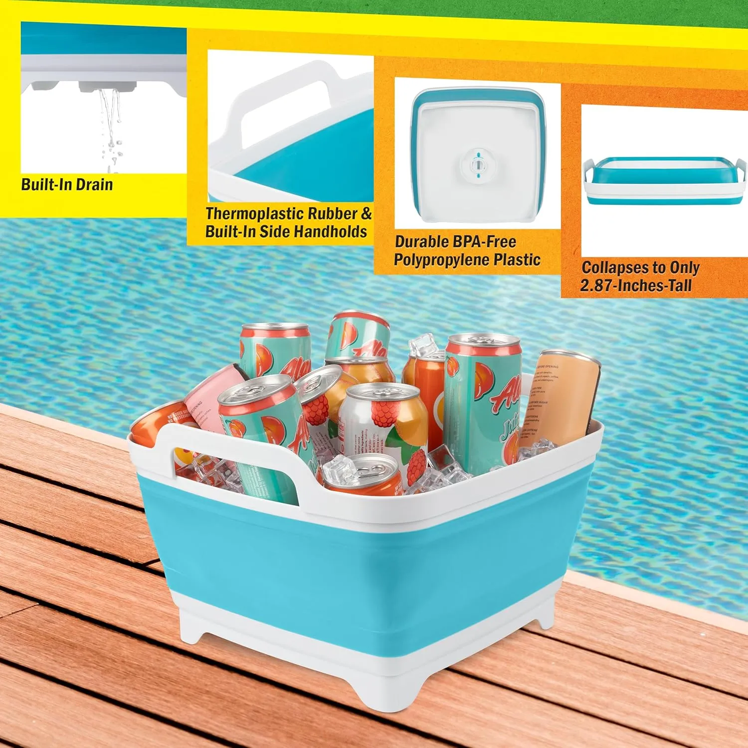 Wakeman Collapsible Wash Basin - 9L Portable Sink with Drain - Plastic Tub Dish Pan for Camping, Handwashing Laundry, or Dishes Outdoors (Blue)