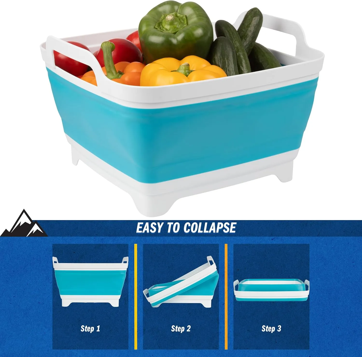 Wakeman Collapsible Wash Basin - 9L Portable Sink with Drain - Plastic Tub Dish Pan for Camping, Handwashing Laundry, or Dishes Outdoors (Blue)