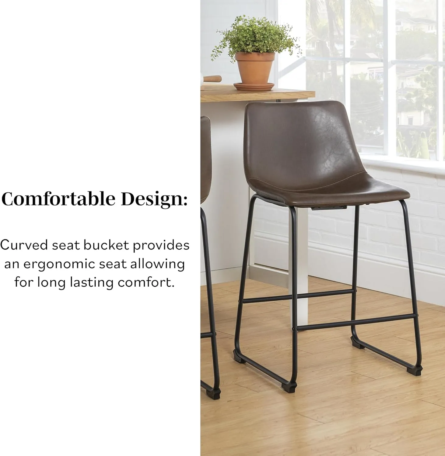 Walker Edison Douglas Urban Industrial Faux Leather Armless Counter Chairs, Set of 2, Brown