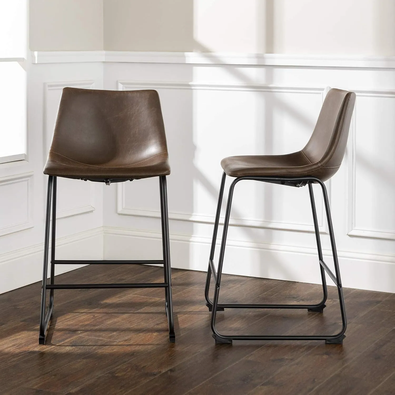 Walker Edison Douglas Urban Industrial Faux Leather Armless Counter Chairs, Set of 2, Brown