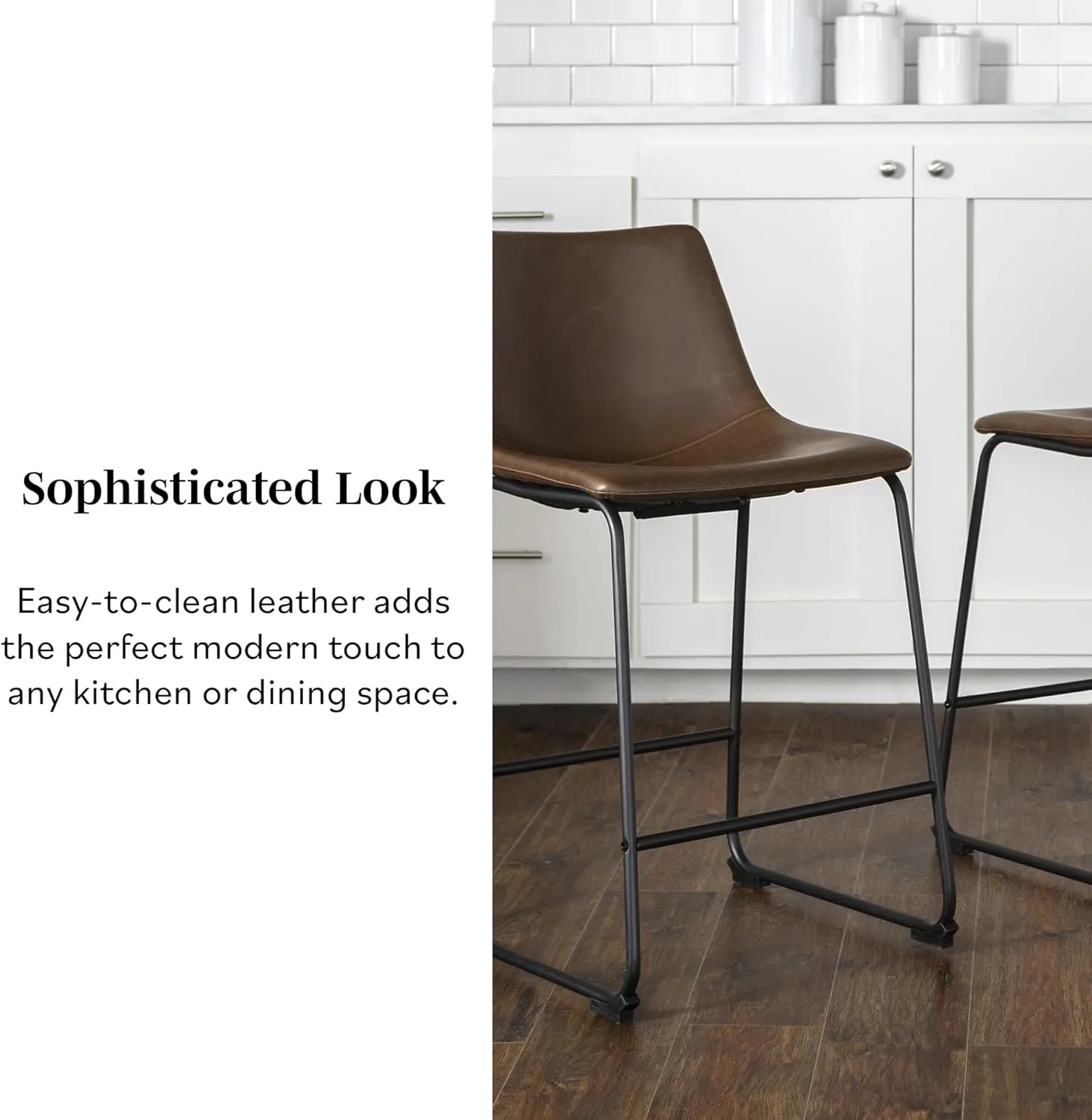 Walker Edison Douglas Urban Industrial Faux Leather Armless Counter Chairs, Set of 2, Brown