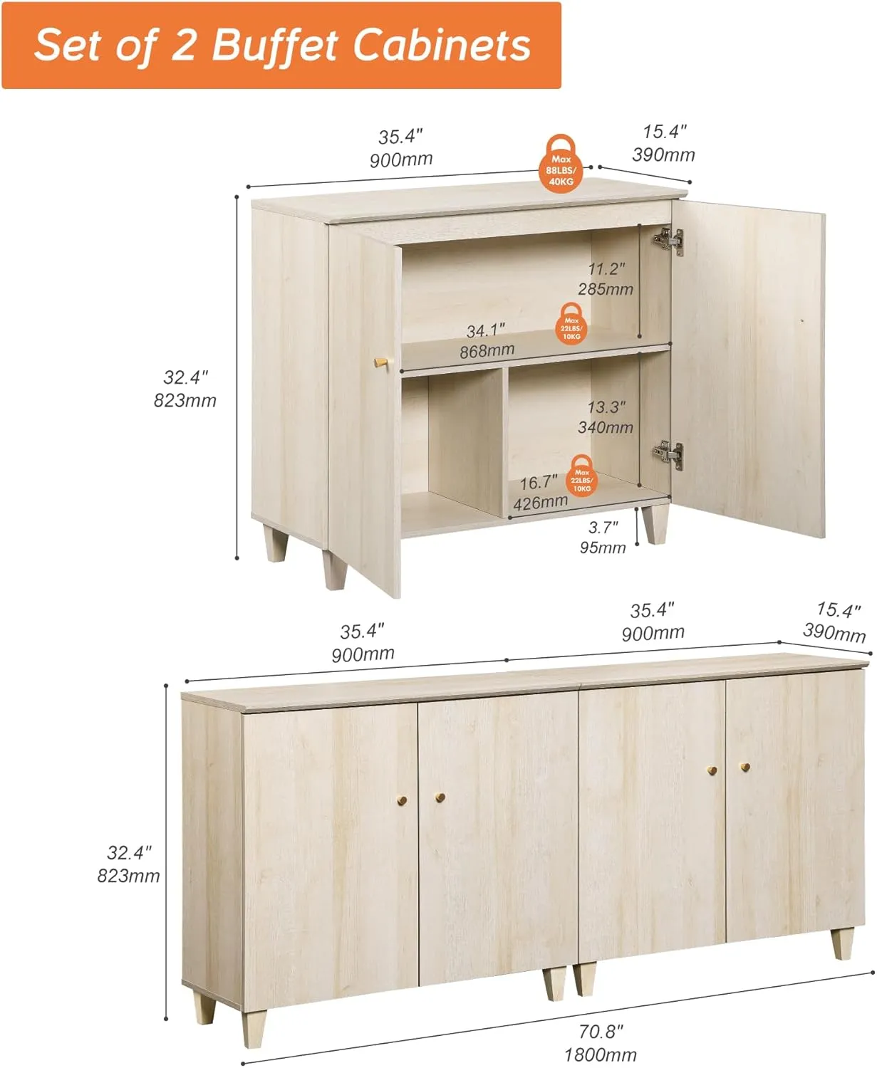 WAMPAT Buffet Cabinets Sideboards, 70.8" Wide Wood Credenza Console Table with 4 Doors, 2-in-1 Modern Rustic Kitchen Accent Storage Cabinets with 6 Compartments for Living Room, Hallway, Light Oak