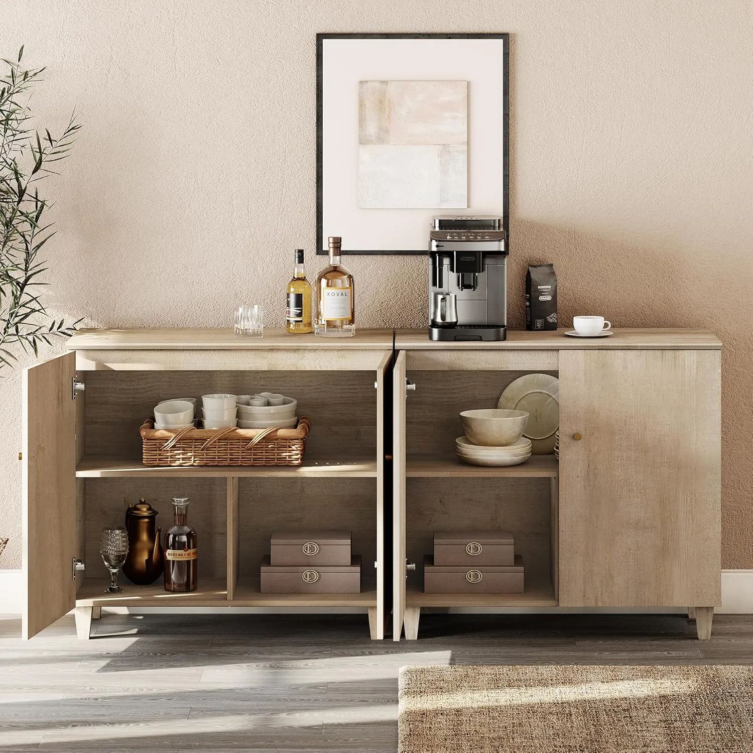 WAMPAT Buffet Cabinets Sideboards, 70.8" Wide Wood Credenza Console Table with 4 Doors, 2-in-1 Modern Rustic Kitchen Accent Storage Cabinets with 6 Compartments for Living Room, Hallway, Light Oak