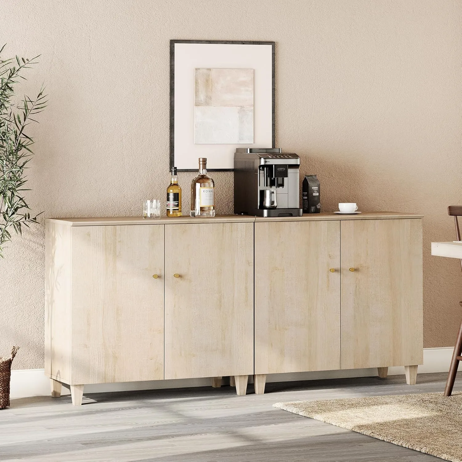 WAMPAT Buffet Cabinets Sideboards, 70.8" Wide Wood Credenza Console Table with 4 Doors, 2-in-1 Modern Rustic Kitchen Accent Storage Cabinets with 6 Compartments for Living Room, Hallway, Light Oak